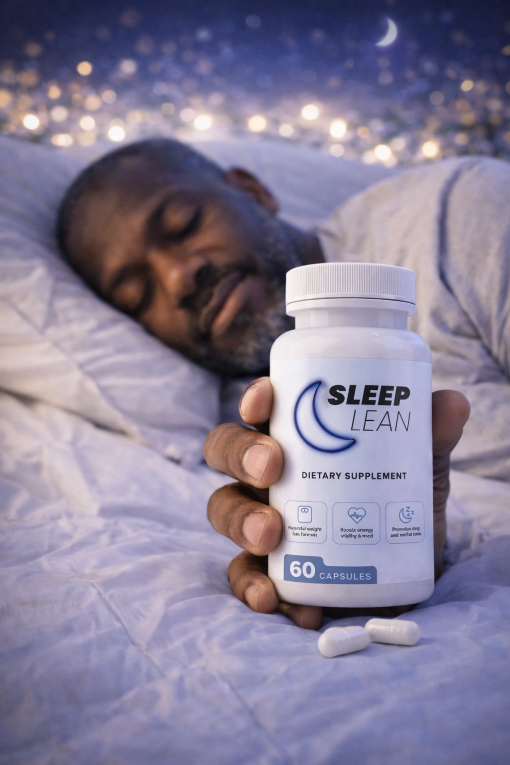 Man sleeping peacefully holding Sleep Lean bottle
