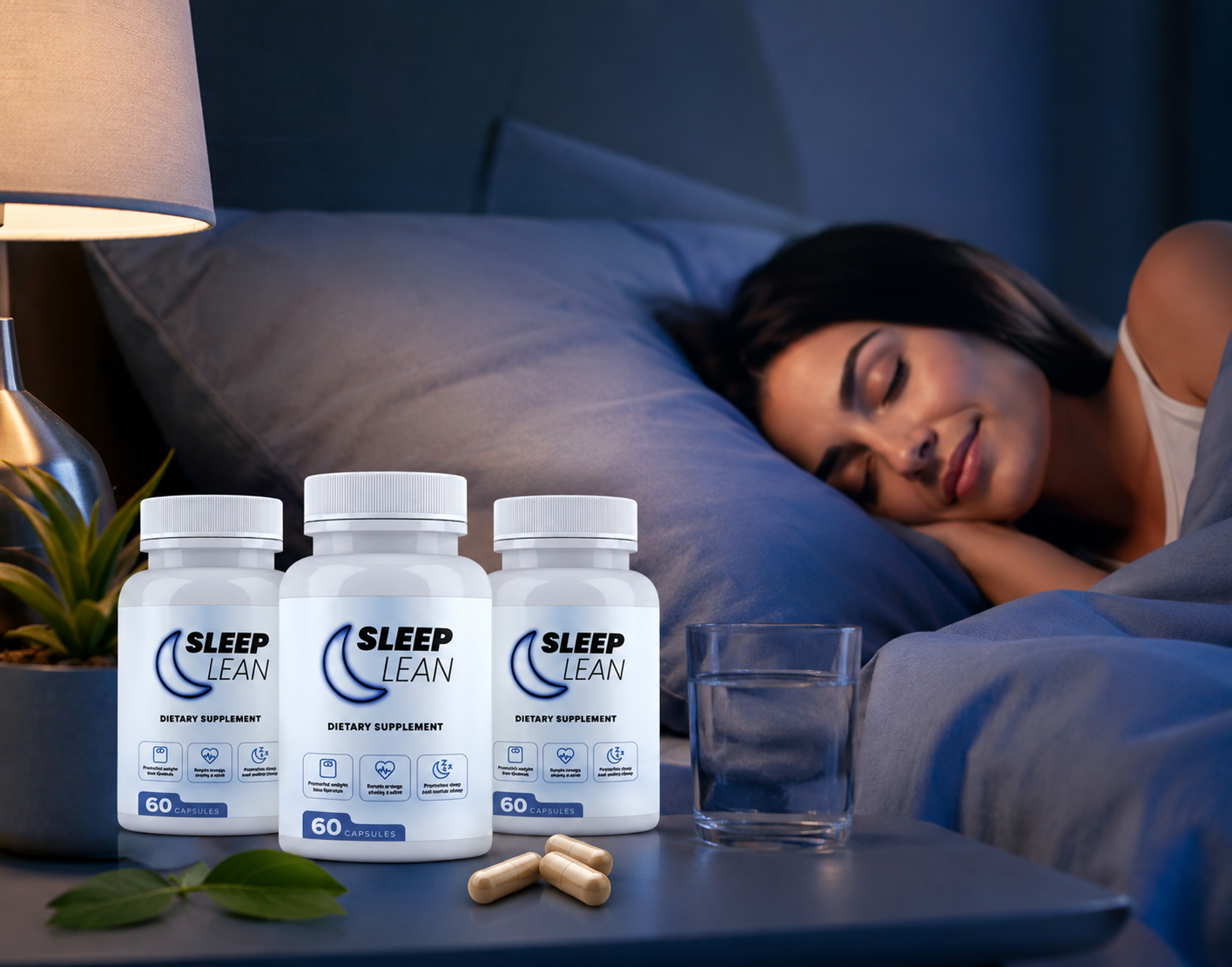 Sleep Lean bottles on nightstand with woman sleeping